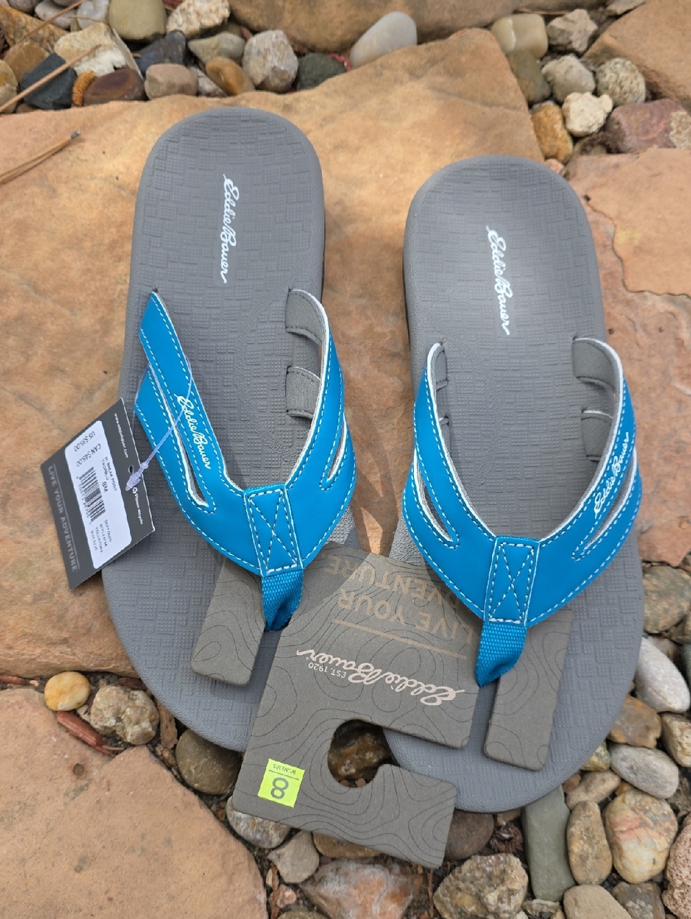 Eddie Bauer Womens Gray Flip Flops with Bright Blue Straps